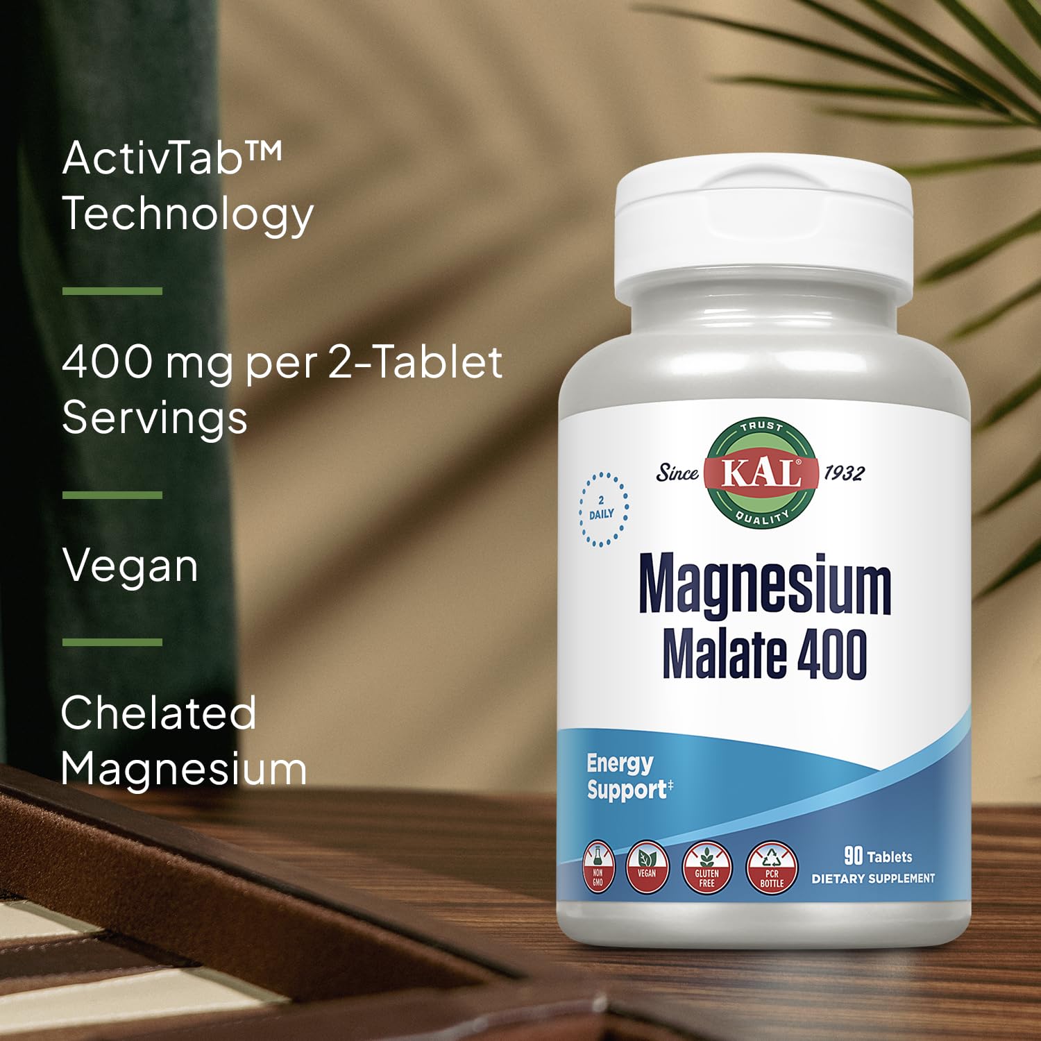 KAL Magnesium Malate 400mg, Chelated Magnesium Supplement with Malic Acid, Healthy Energy & Muscle Function Support, Enhanced Absorption, Vegan, Non-GMO, 45 Servings, 90 Veg Tabs