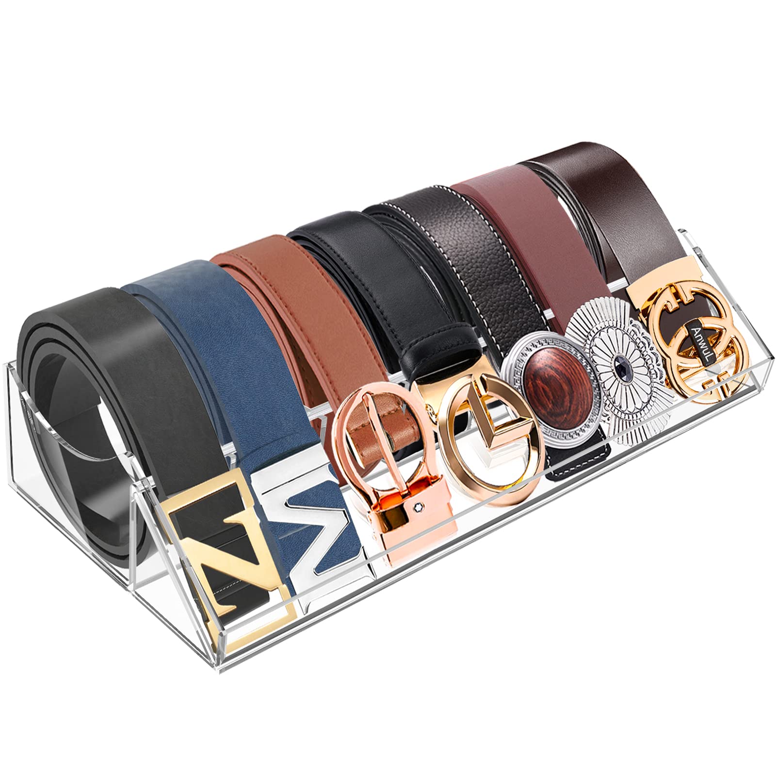 ToyaJeco Acrylic Belt Organizer, 7 Compartments Belt Storage Holder for Closet Drawer, Clear Belt Box Container Display Case with Display Stand for Tie Bow Tie Jewelry Watch