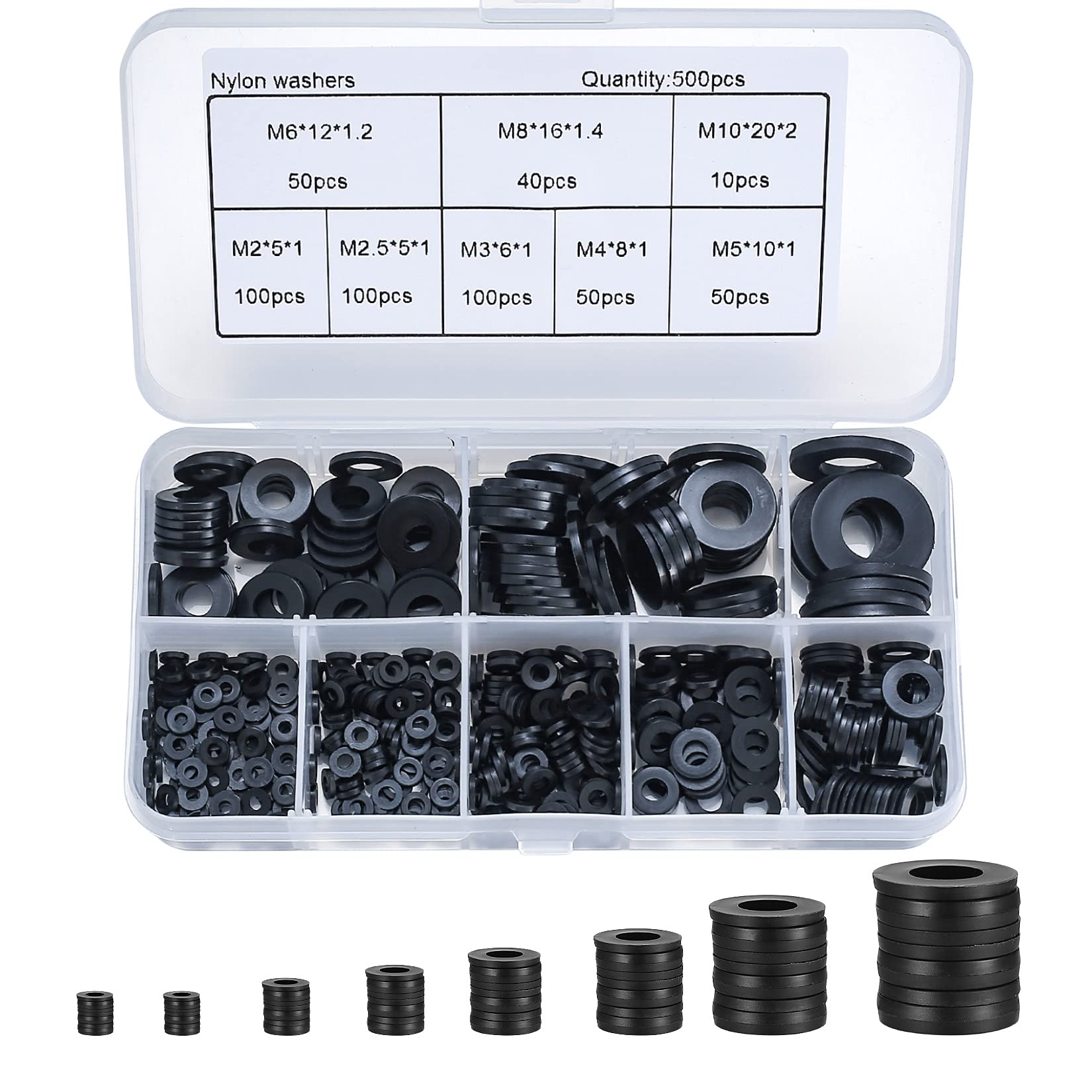 500 pieces black nylon gaskets, plastic flat O-ring gasket, round faucet gasket assortment for pipes, faucets, mechanical repair - M2/M2.5/M3/M4/M5/M6/ M8/M10