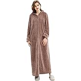 Hellomamma Long Hooded Zipper Bathrobe for Womens Flannel Fleece Robes Winter Warm Housecoat Nightgown Sleepwear Pajamas