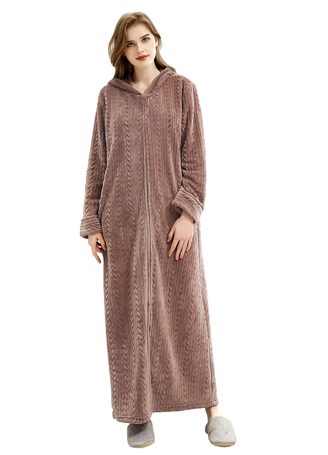 Photo 1 of Hellomamma Long Hooded Zipper Bathrobe for Womens Flannel Fleece Robes Winter Warm Housecoat Nightgown Sleepwear Pajamas Coffee L-XL