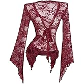 GORGLITTER Women's Lace Tops Tie Front Bell Long Sleeve Blouse Deep V Neck Sheer Renaissance Tops