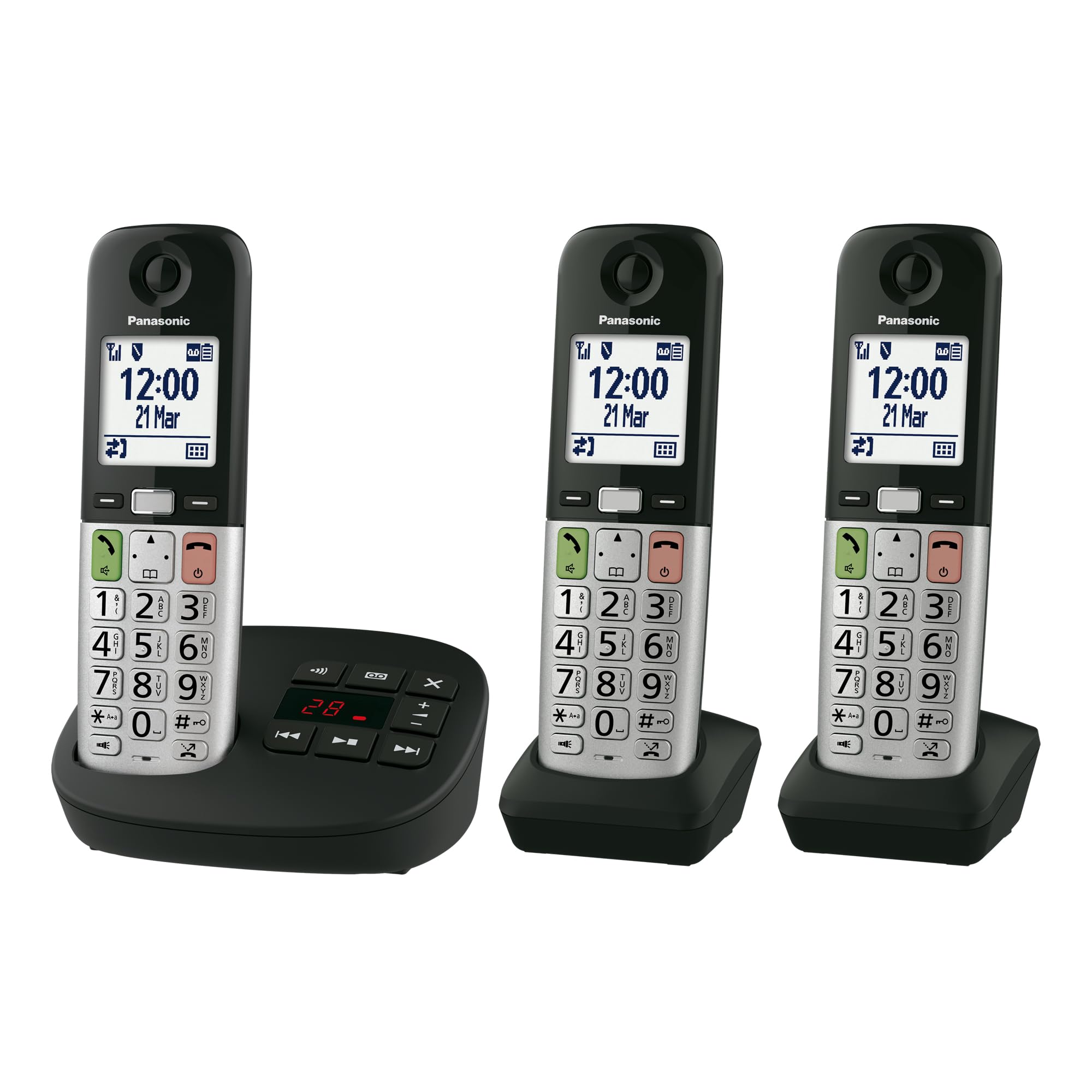 Panasonic KX-TGU433EB Digital Cordless Landline Phone with Answering Machine, Base Unit & 3 Handsets, 2.1” (5.3 cm) LCD Display, Fav Call, Torchlight, Hearing Aid Compatible, Black & Silver