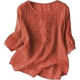 Embroidered Tops for Women Cotton Linen Indian Boho Top Mexican Gauze Shirts 3/4 Sleeve Ethnic Peasant Blouses