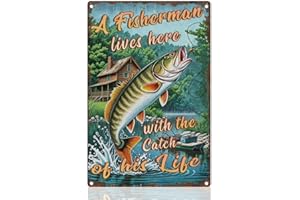 DOODLREAM Vintage Fishing Tin Sign, 30X20cm Metal Sign Wall Decor A Fishman Lives Here with the Catch of His Life, Fish Wall 