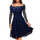 MissMay Women's Vintage Floral Lace Long Sleeve Boat Neck Cocktail Formal Swing Dress
