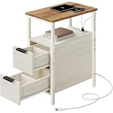VASAGLE Side End Table with Charging Station, Slim Nightstand with Storage | Narrow Bedside Table With Drawers, for Living Room, Bedroom, 18.9 x 11.8 x 24 Inches, Honey Brown and Rustic White