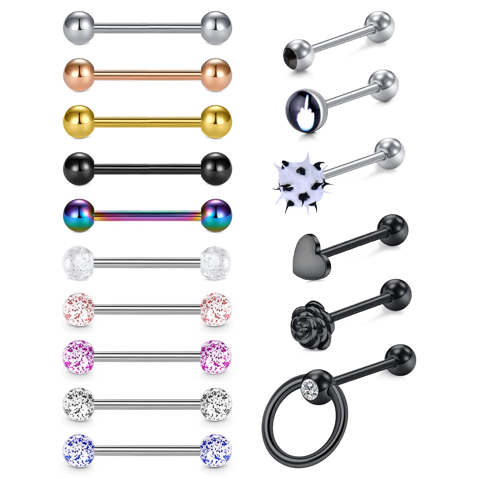 D.Bella 16Pcs Tongue Bars 16mm Tongue Piercing Jewellery Stainless Steel Heart Flower Shaped Straight Barbells Tongue Body Piercing Jewelry