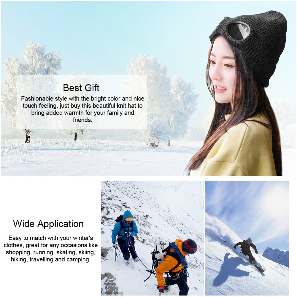 Vbiger Wintermütze Warm Beanie Cap Stretchy Strick Slouchy Beanie mit abnehmbaren Gläsern und Plüsch Futter, geeignet für Shopping Reisen und Outdoor Aktivitäten