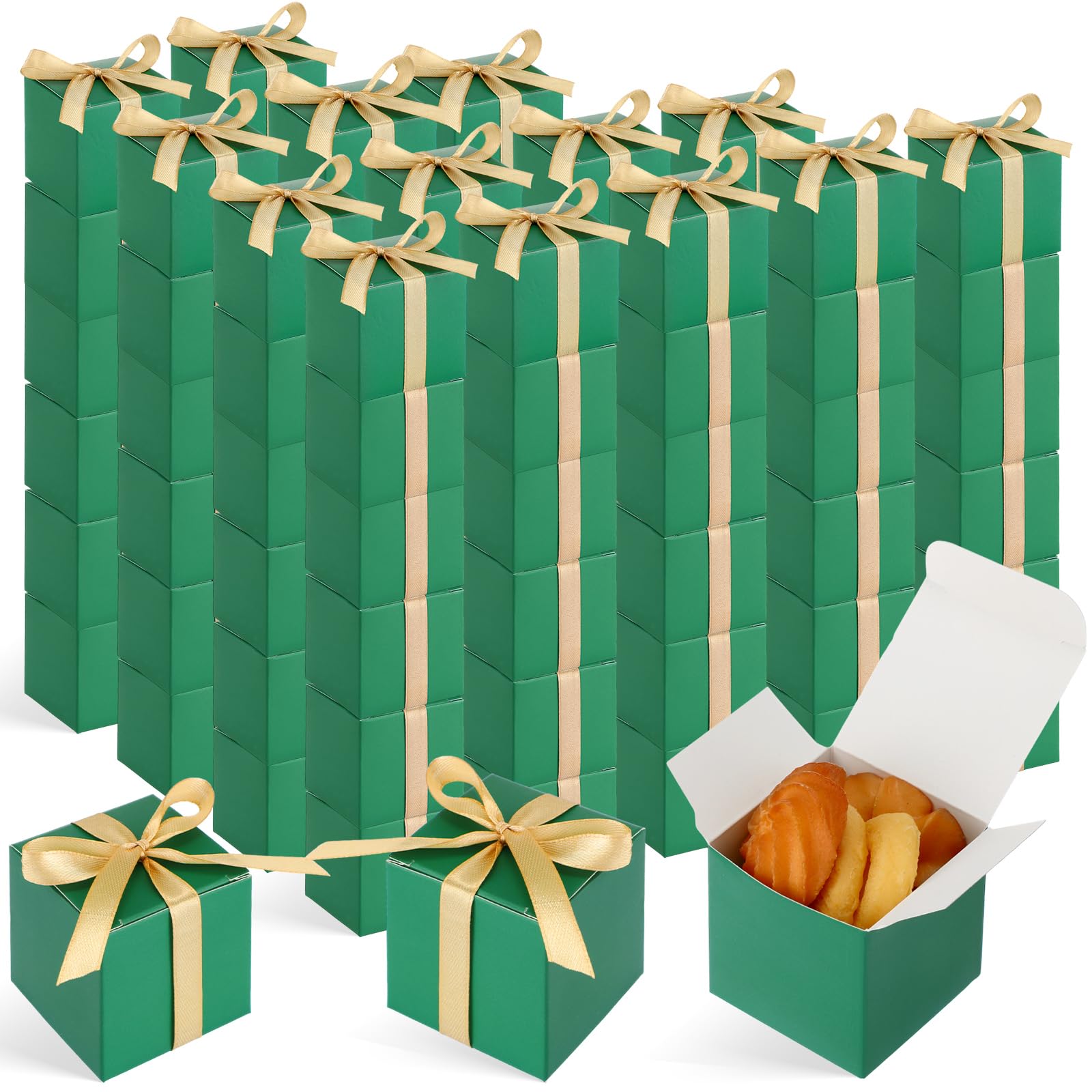 Photo 1 of Jutom 100 Pcs Mini Favor Boxes Extra Small Candy Boxes Paper with Gold Ribbon for Birthday Back to School Baby Shower Wedding Party Supplies(2 x 2 x 2 Inch,Green)