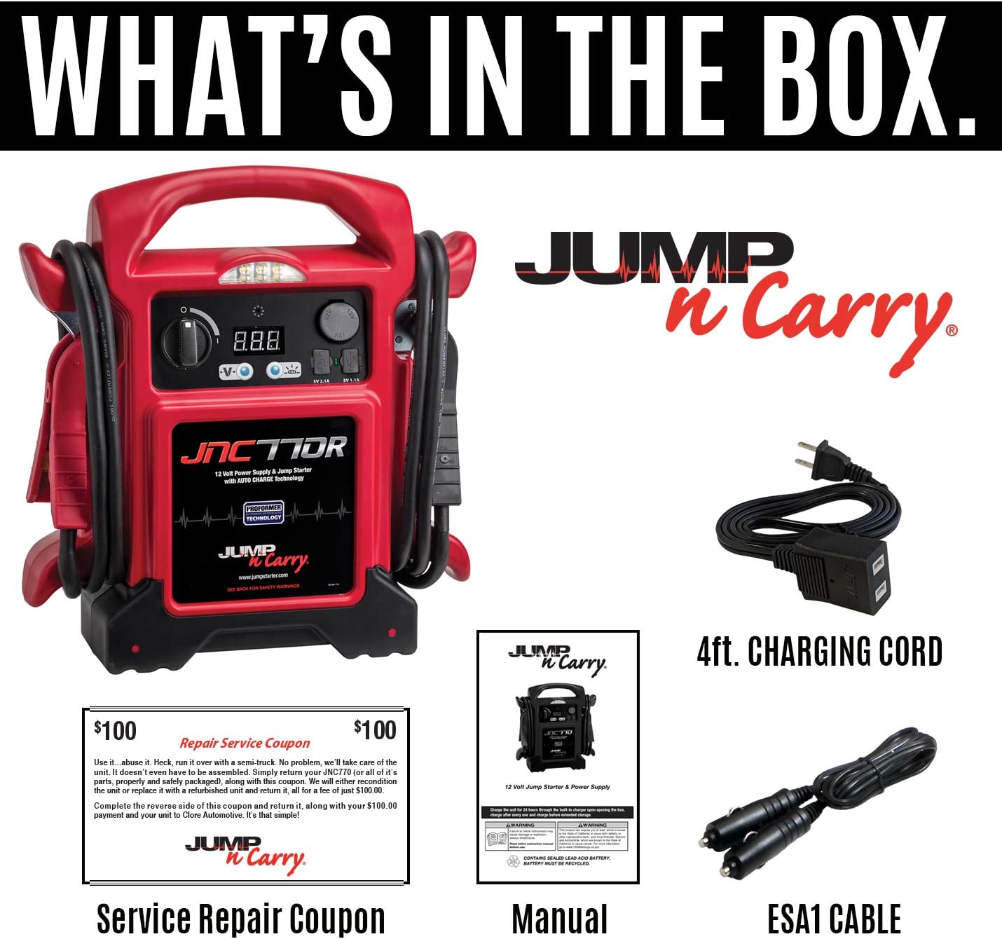 Clore Automotive Jump-N-Carry JNC770R 1700 Peak Amp Premium 12 Volt Jump Starter - Red: Automotive