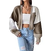 GORGLITTER Women's Open Front Cropped Cardigan Sweaters Colorful Long Sleeve Chunky Knit Top Color Block Short Cardigan