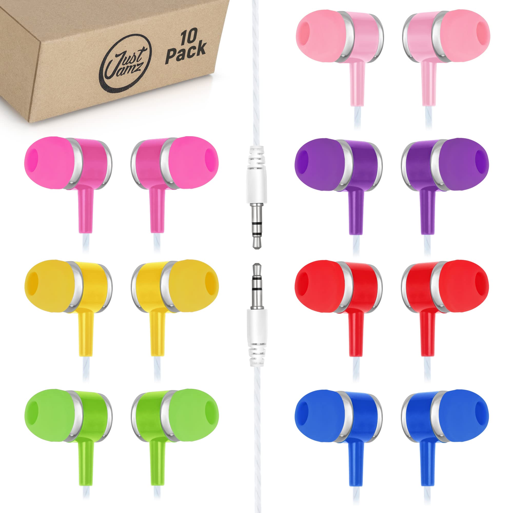JustJamz 10x Multipack of Colorful in-Ear Earbuds | Bulk Earbuds Marbles, Wholesale Colorful Earphones, Disposable Earbuds, Headphones in Bulk, Headphones, for Kids & Adults, Assorted Colors