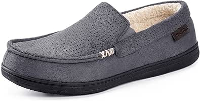 Everfoams men's suede memory foam moccasin slippers with fuzzy sherpa lining Clearance