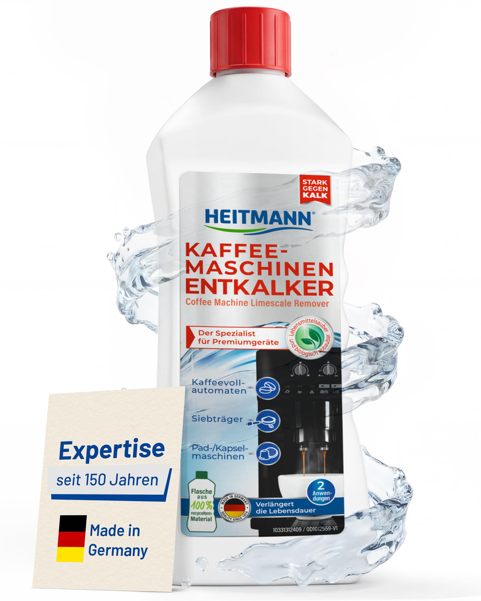 HEITMANN Kaffeemaschinen Entkalker 250 ml | Farbloser Entkalker für zwei Anwendungen | Kalkreiniger für Kaffeevollautomat, Siebträger-, Pad- und Kapselmaschinen