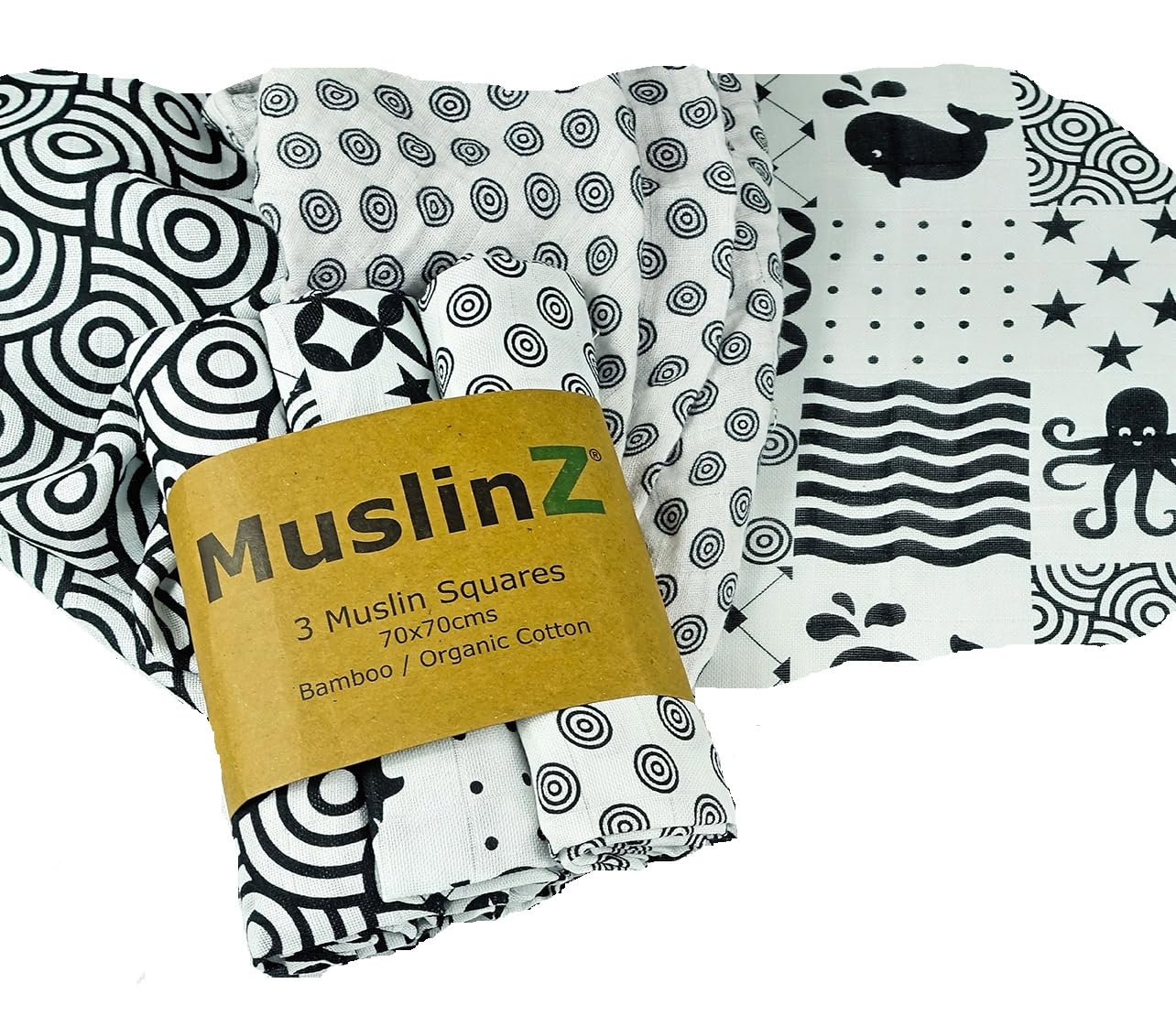 MuslinZ Newborn Sensory Muslin squares in Black and White for Visual Stimulation and Sensory Play. Baby Muslin Bamboo/Organic Cotton mix.