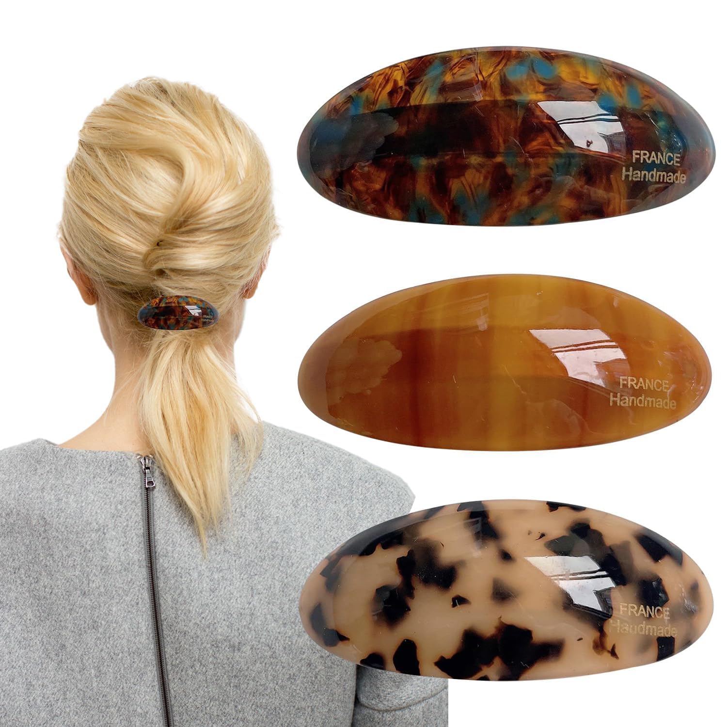 3 Pcs Hair Barrettes for Women, Hair Clips Tortoise, Acetate Hair Barrette, Large Vintage Hair Slides for Women, Oval Barrette Hair Clips for Delicate Hair Pins Party