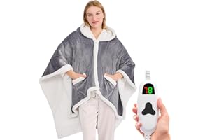GREENOAK Wearable Heated Throw Blanket Electric Shawl,Christmas Birthday Gifts for Grandma,Gift for Mom and Elderly Women,Heated Robe Poncho Blanket Hoodie for Adult, 5-Position Timer 10-Heating Levels,Grey