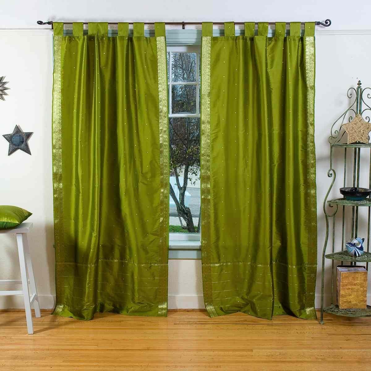 Olive Green Tab Top Sheer Sari Curtain / Drape / Panel - 43W x 108L - Piece