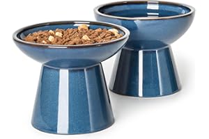 YauYik Raised Cat Food Water Bowl Set, 6.2inch Extra Wide Elevated Bowls, Shallow Cat Food Dish Whisker Friendly for Cats Small Dogs, Raised Design for Pet Easy Eating, Blue, Set of 2