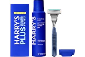 Harry's Plus Shaving Kit for Men - Premium Handle, Razor Blade Cartridge, Foaming Shave Gel, and Travel Blade Cover - Advanced Pivoting System - Tide