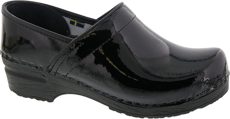 black patent leather clogs