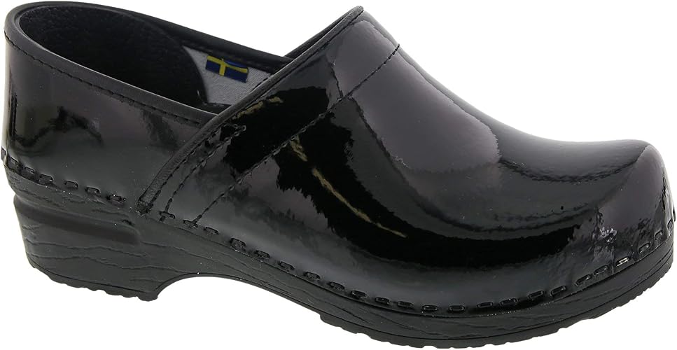 black patent clogs