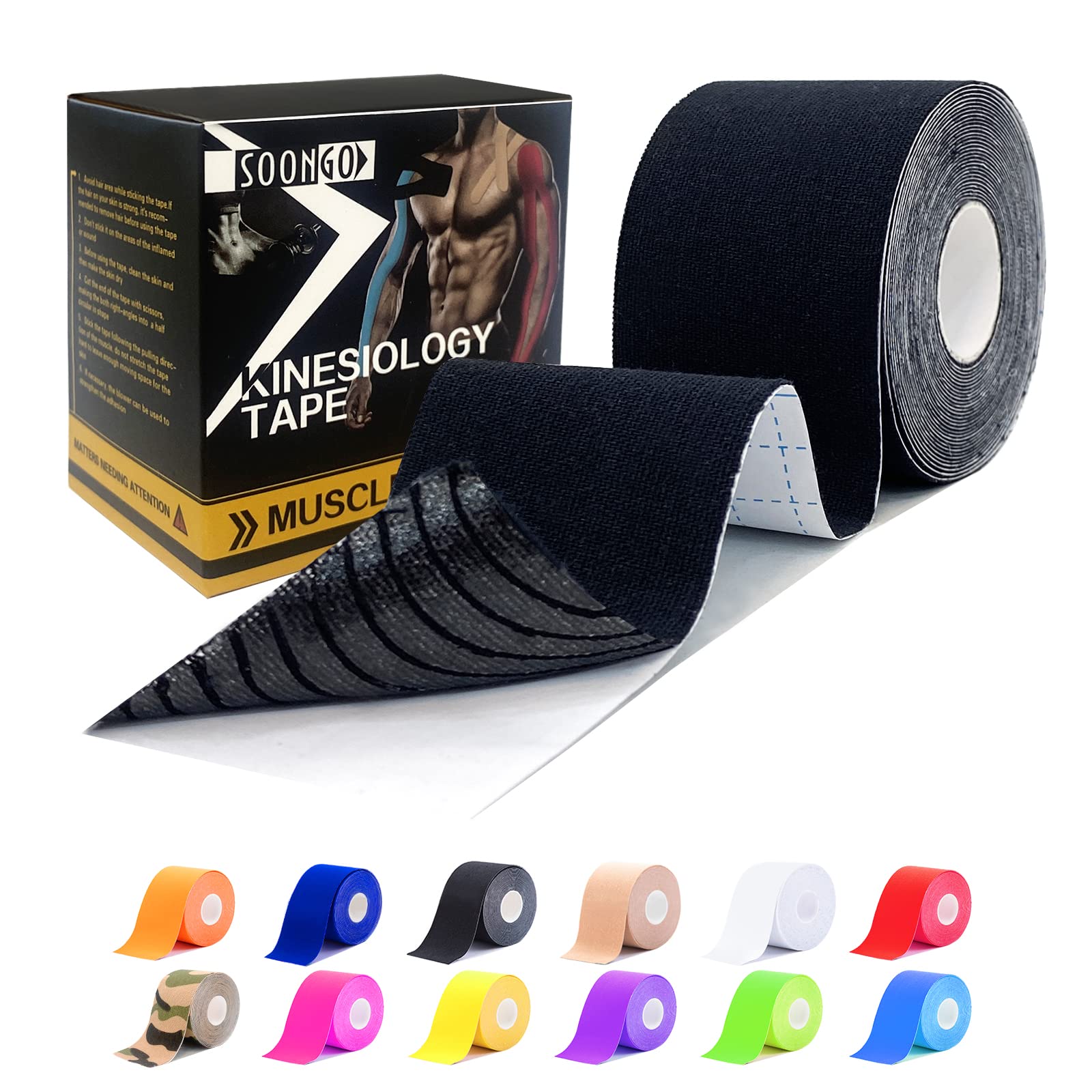 Soon GO Kinesiology Tape 1/2/5 Rolls, 2 Inch (5 cm) High Elasticity Physio Tape – Hypoallergenic, Breathable & Waterproof | Muscle Recovery & Joint Support (Black)