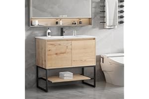 LUCKWIND 36" Bathroom Vanity with Sink Combo, Bathroom Storage Cabinet with Metal Frame, Matte Black Faucet, 1-Tier Open Shelf and 2 Soft-Closing Door, Natural Color