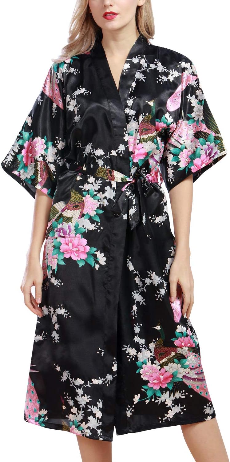 Dolamen Women's Dressing Kimono Gown, Silk Satin Peacock and Blossoms Robe Bathrobe Bridesmaid Nightwear Pyjamas, Longโฆ