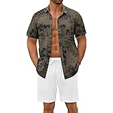 COOFANDY Mens Beach Outfits 2 Piece Sets Casual Short Sleeve Button Down Summer Textured Shirt