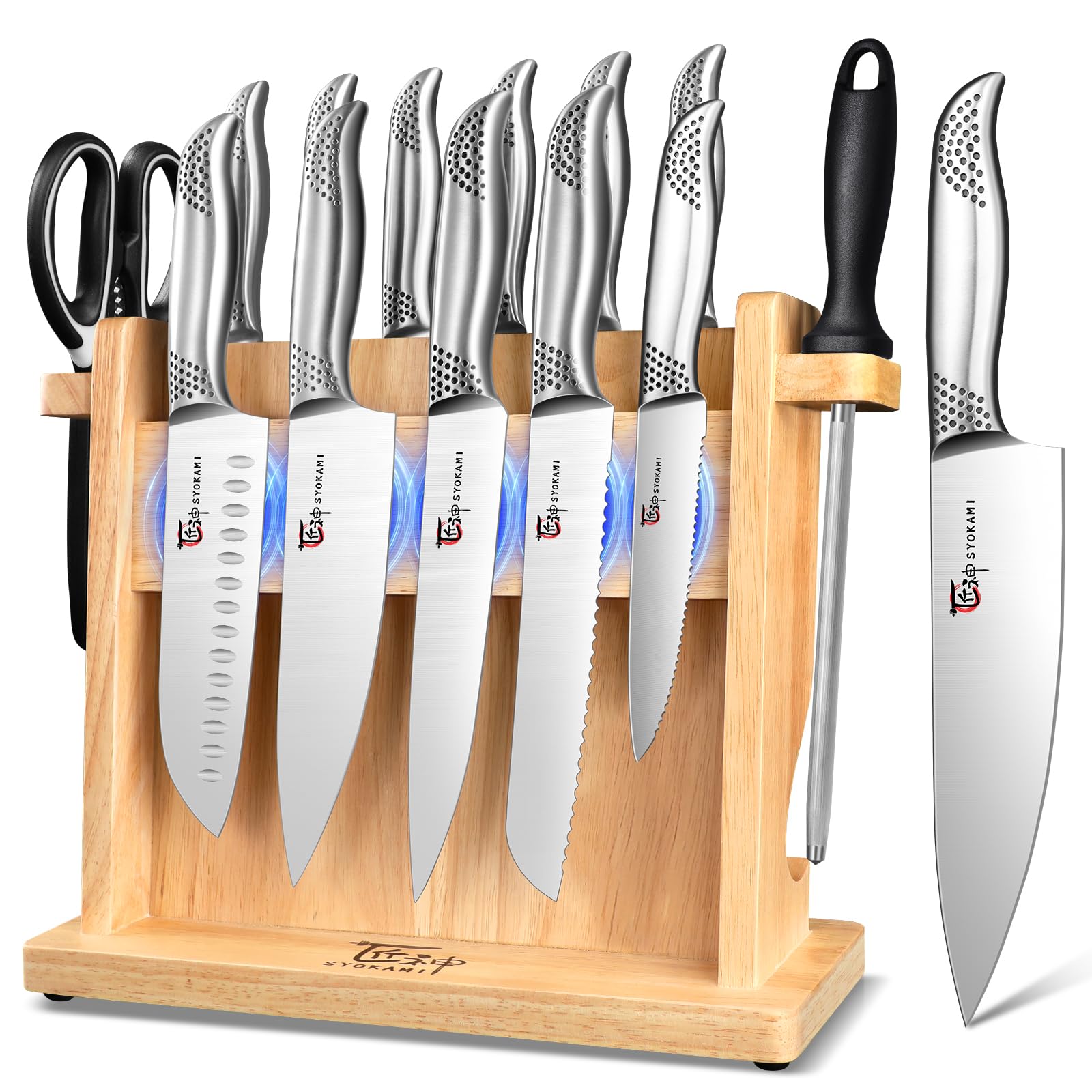 Photo 1 of Japanese Knives Set for Kitchen, Magnetic Knife Set with Block and Sharpener, Stainless Steel Knife Set as Gift for Couple, Wedding, Women or Mom with Gift Box, 14 PCS Black Dot