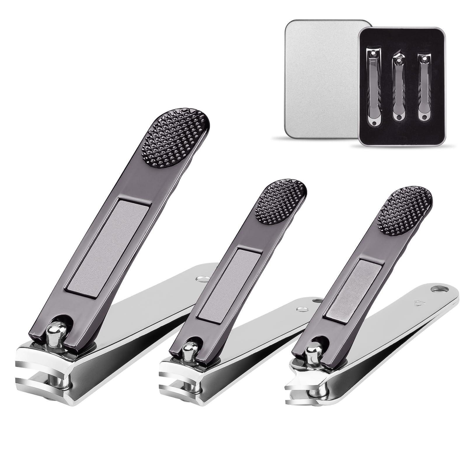 LOPHE Professional Nail Clippers Set, 3Pcs Nail Cutter Kit, Stainless Steel Nail Care Tools with Travel Case, Heavy Duty Manicure Pedicure Set, Portable Toenail Clipper for Men Women Thick Fingernail