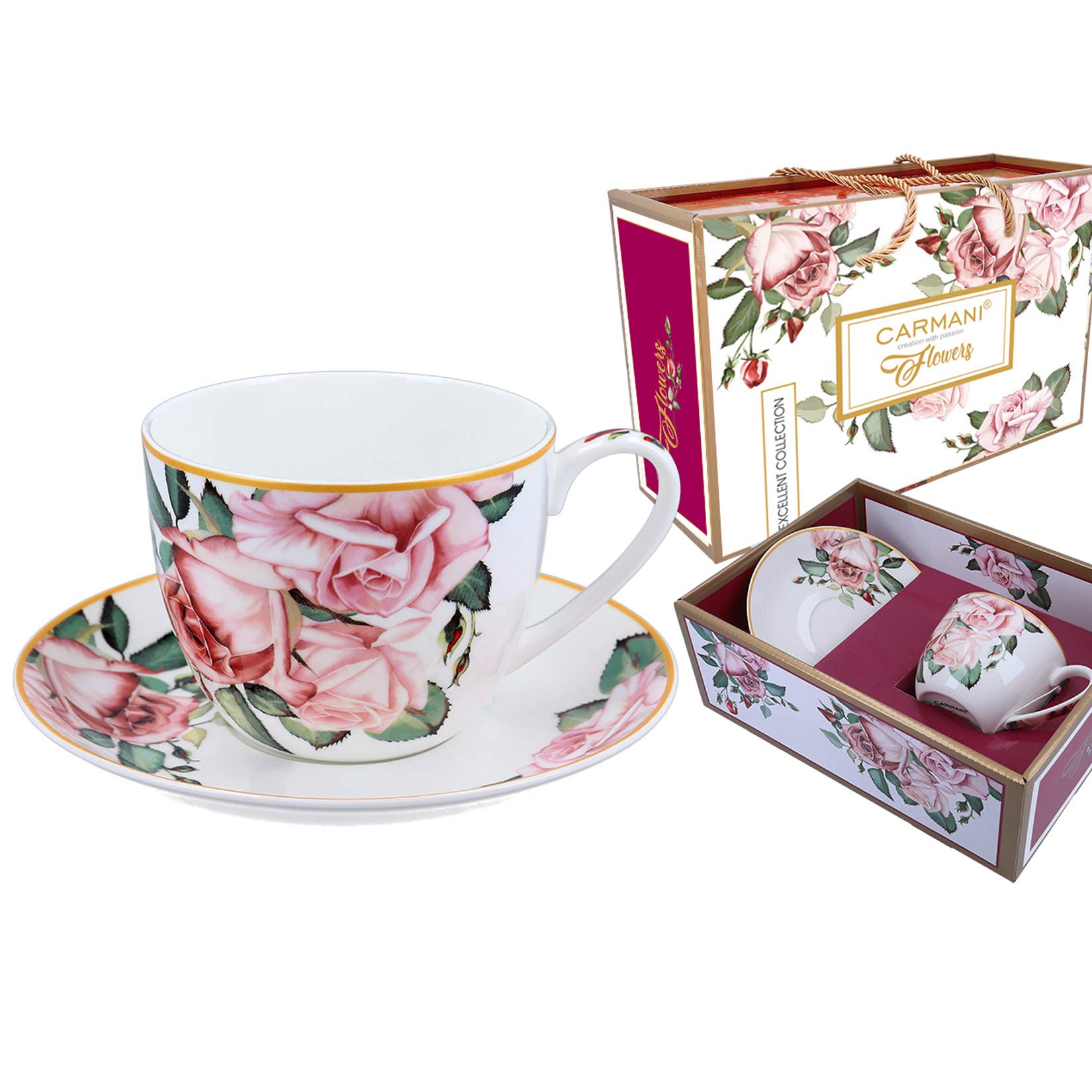 CARMANI - Flowers Collection Tea Cup and Saucer with 'Roses' 475 ml