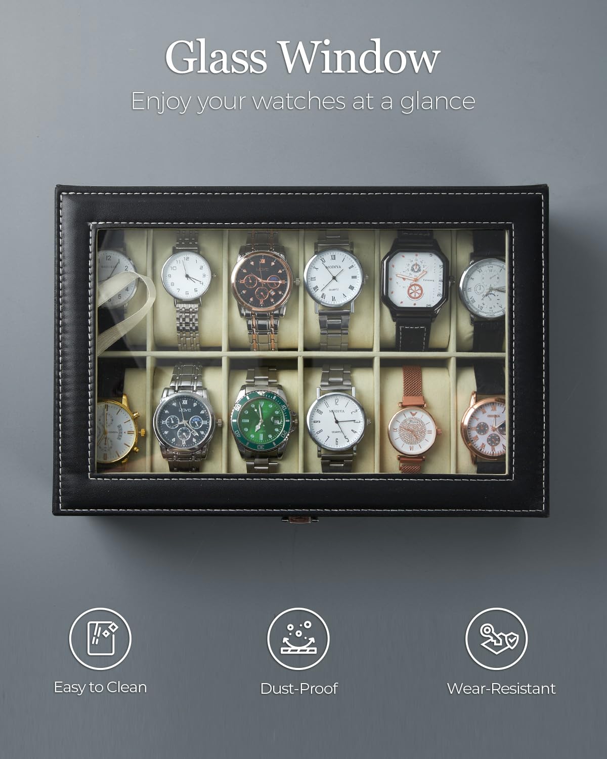 Ohuhu Watch Case 12 Slot PU Leather Real Glass Lid Watch Box Watch Holder Organizer Display Storage Box Soft Velvet Jewelry Box for Men and Women Birthday Fathers Day Valentine's Day Gifts