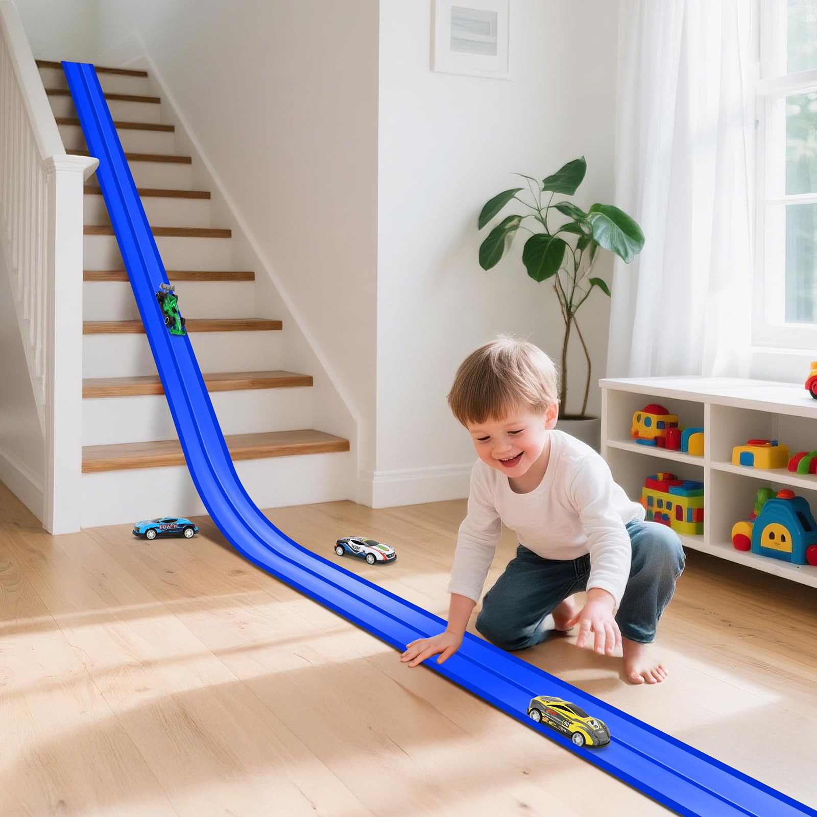 KETIEE Flex Tracks 16Ft for Kids: Flexible Race Car Ramp Track with 4 Small Racecars and 8 Suction Cups Compatible with Diecast 1/64th Cars, Rolls Up Portable Racetrack for Ages 3 & Up