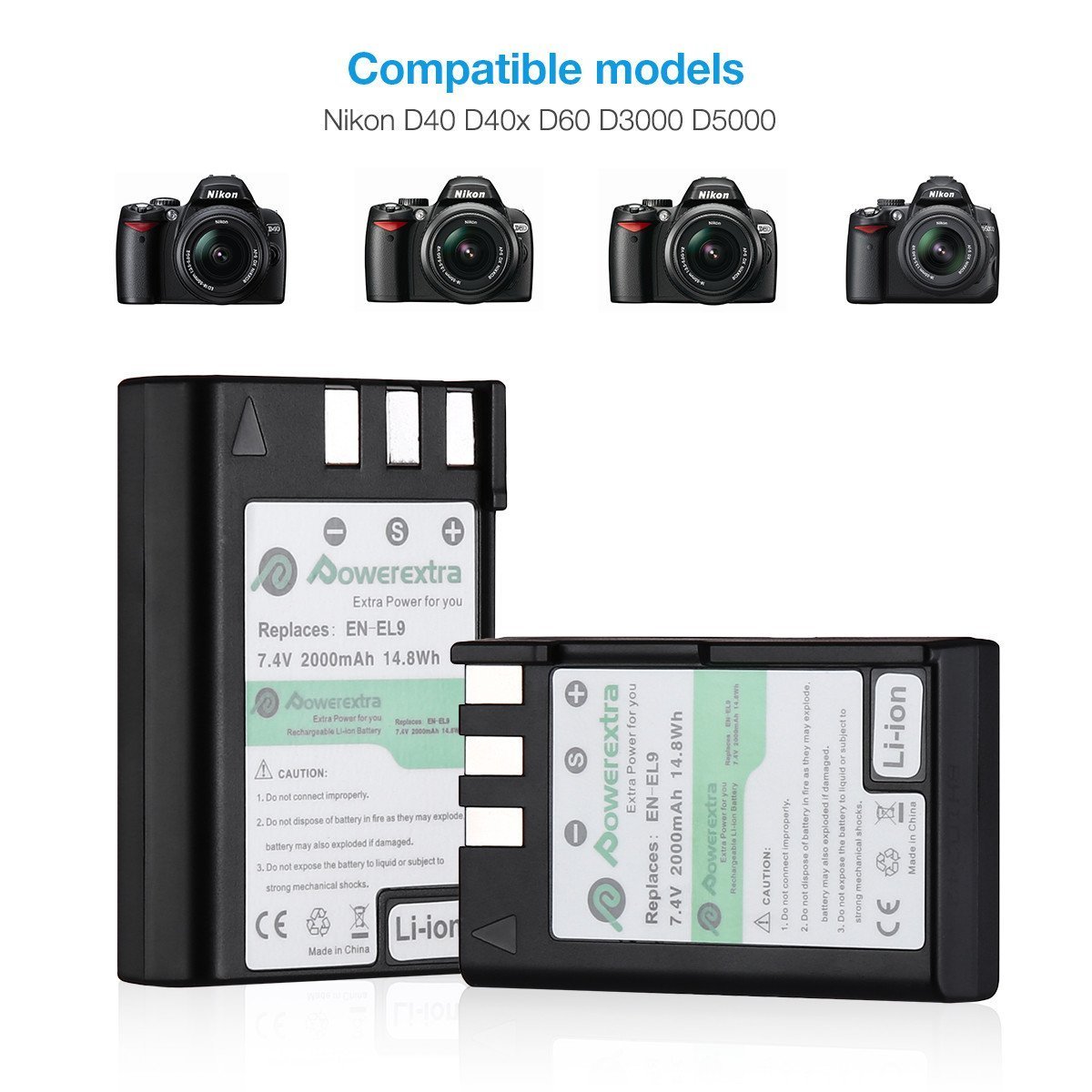 Powerextra 2 Pack Nikon EN-EL9 Rechargeable Li-ion Battery for Nikon D40 D40x D60 D3000 D5000 Digital Cameras as Nikon ENEL9 EN-EL9A