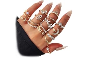 17IF Gold Boho Sparkle Knuckle Rings Set For Women, Vintage Fashion Aesthetic Trendy Joint Snake Ring Pack, Retro Pink Rhinestone Assorted Moon Star Crystal Love Leaf Diamond Pearl Jewelry