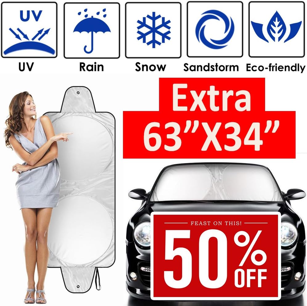 ANTOER Car Sun Shade Travel Pouch, Large Sizes Windshield Sun Shade With 2 Ears Block Out 99% UV Rays Heat & Snow Car SunShade Keep Automobile Cool Easy to use 63”x34”