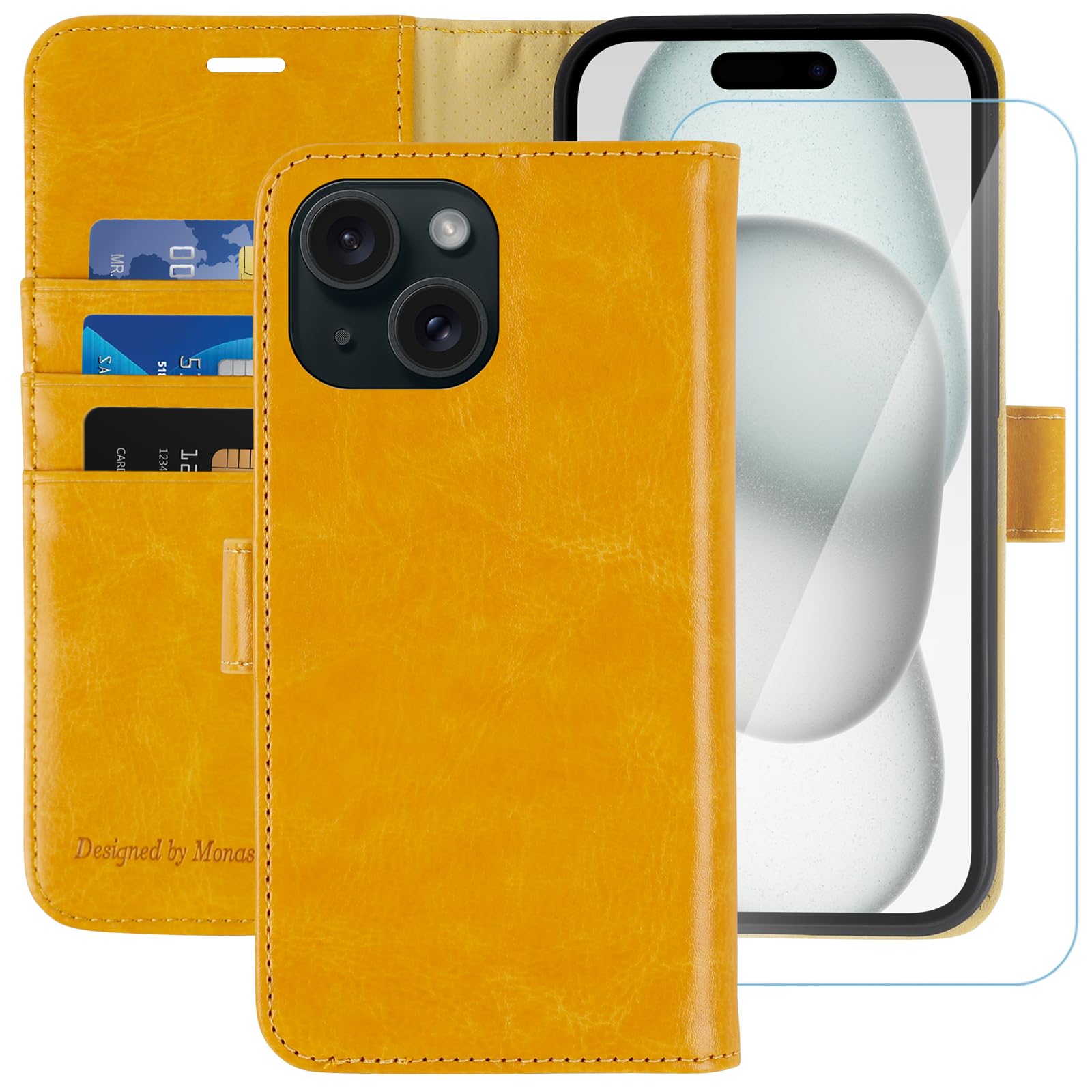 MONASAY for iPhone 15 5G Wallet Case,[Glass Screen Protector Included] [RFID Blocking] Flip Folio Leather Cell Phone Cover with Credit Card Holder case, 6.1-inch, 6.1-inch, Yellow