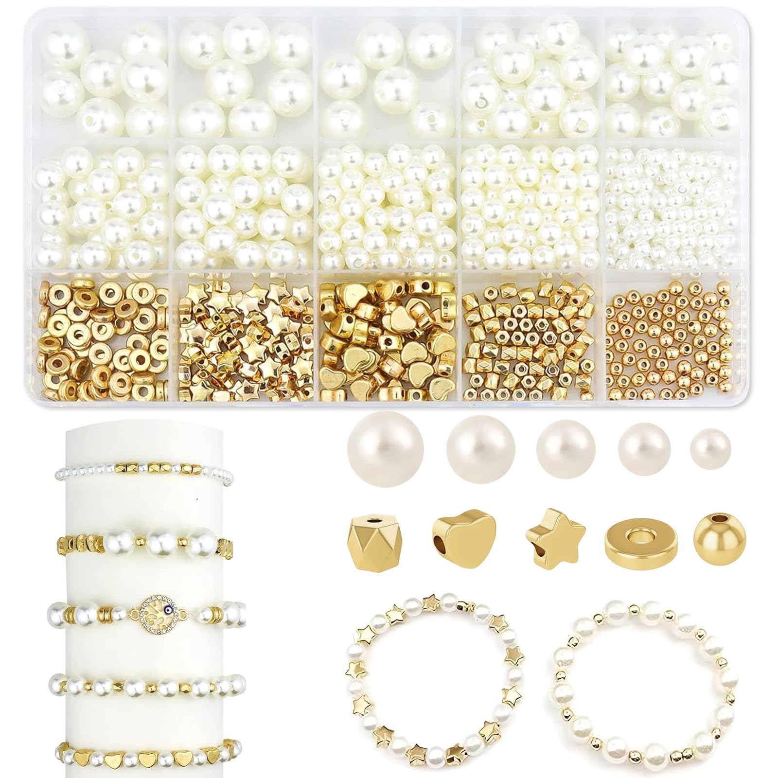 White Gold Polished Beads Making Kit - 800Pcs Spacer and Pearl Set with Storage Box, Clay Charms for DIY Necklace Bracelet Earrings