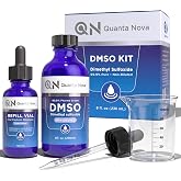 DMSO Pharmaceutical Grade Liquid 99.9% Pure Low Odor All Glass 8oz DMSO Kit | dimethyl sulfoxide, Solvent, cobalt blue glass bottle, glass dropper, measuring beaker, refill bottle &amp; Quick Start Guide.