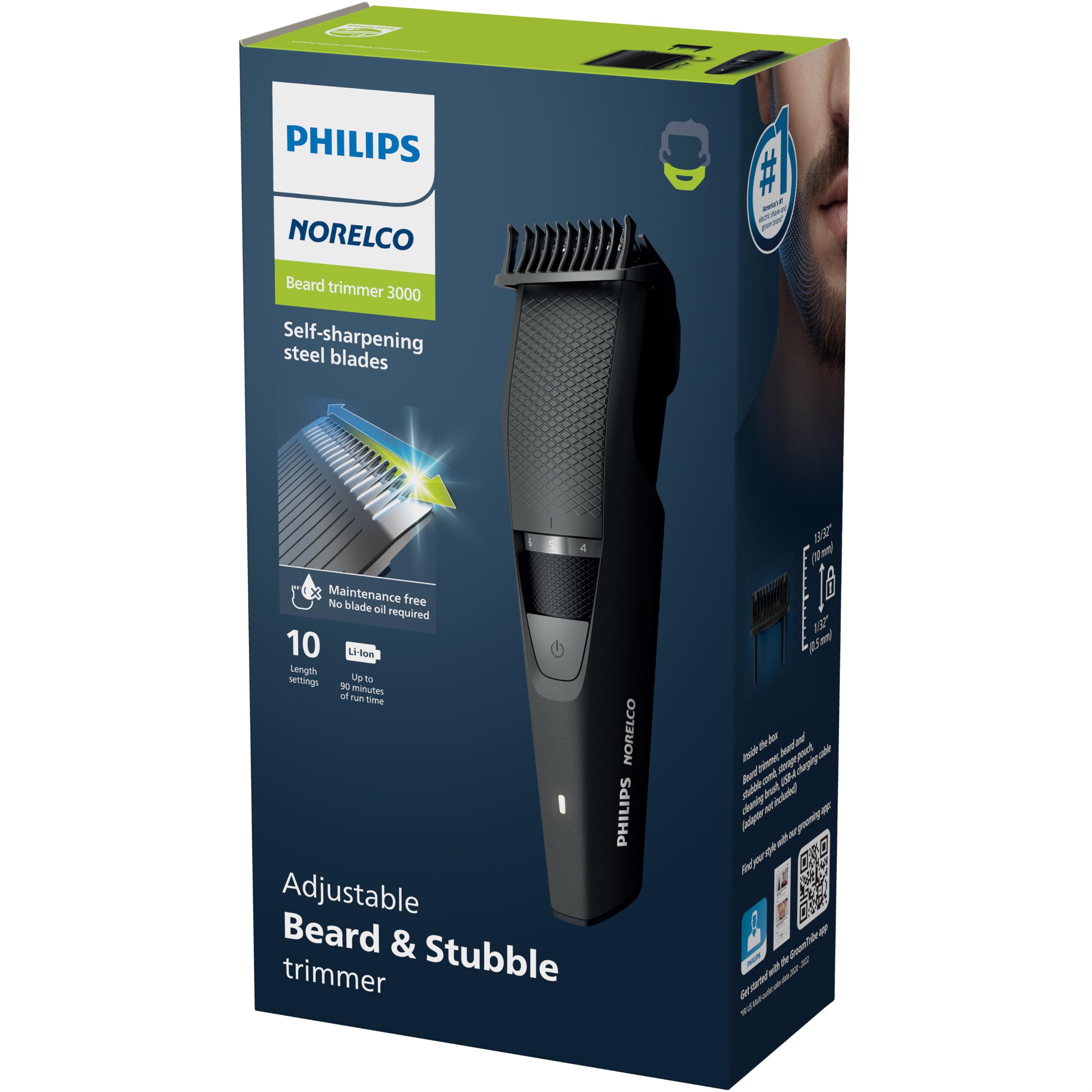 Norelco Philips Beard Trimmer Series 3000 - Cordless Grooming & Hair Clipper, Rechargeable, Adjustable Length, Beard Trimmer and Hair Clipper - No Blade Oil Needed - BT3230/41