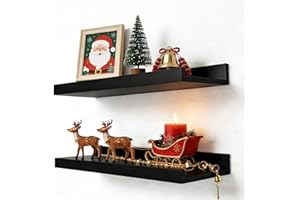 Solrot Black Floating Shelves for Wall Decor, Wall Mounted Wood Storage Shelf for Bedroom, Living Room, Bathroom, Kitchen, Nursery, Display Picture Ledge Shelf with Lip Set of 2-14 Inches, Black