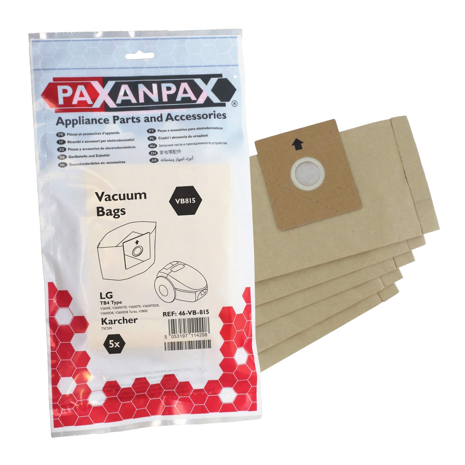 Paxanpax VB815 Compatible Paper Bags LG 'TB4' V2600, Turbo, V2800 Series (Pack of 5)
