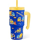 Construction Tumbler 20oz with Handle and Silicone Straw Lid for Kid, Insulated Stainless Steel Cup, Gift for Kids Boys, Gifts Idea for Birthday Christmas Back to School