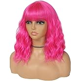 BEAUTIFA Pink Wig with Bangs for Women 14 Inch Shoulder Length Hot Pink Wigs Short Bob Wavy Curly Wig Heat Resistant Synthetic Colorful Wig