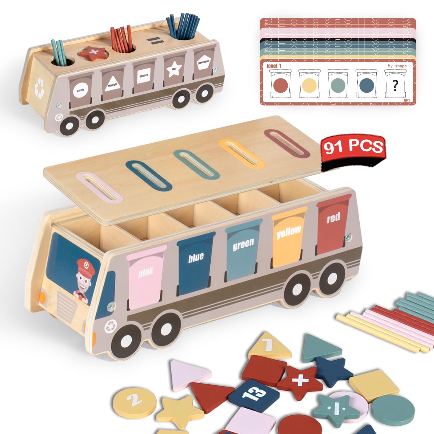 Wooden Toy for Toddlers 2-3 Boys Girls, Color & Shape Sorting Toys for 2 3 Year Old Gifts with Question Cards, Number Blocks & Sticks