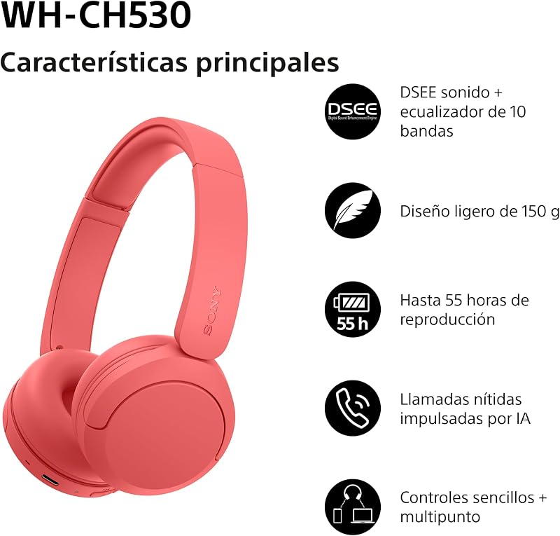 WH-CH530 Auriculares inalambricos Bluetooth - Rojo Coral Exclusivo