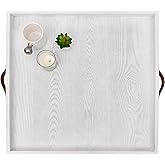 SwallowLiving 24 x 24 Inches Extra Large Square Wood Ottoman Tray with Leather Handles, Wooden Natural